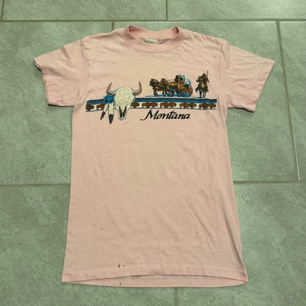 Vintage 80s 90s Single Stitch Montana Pink Shirt Wagon Cowboy Size XS Women’s
